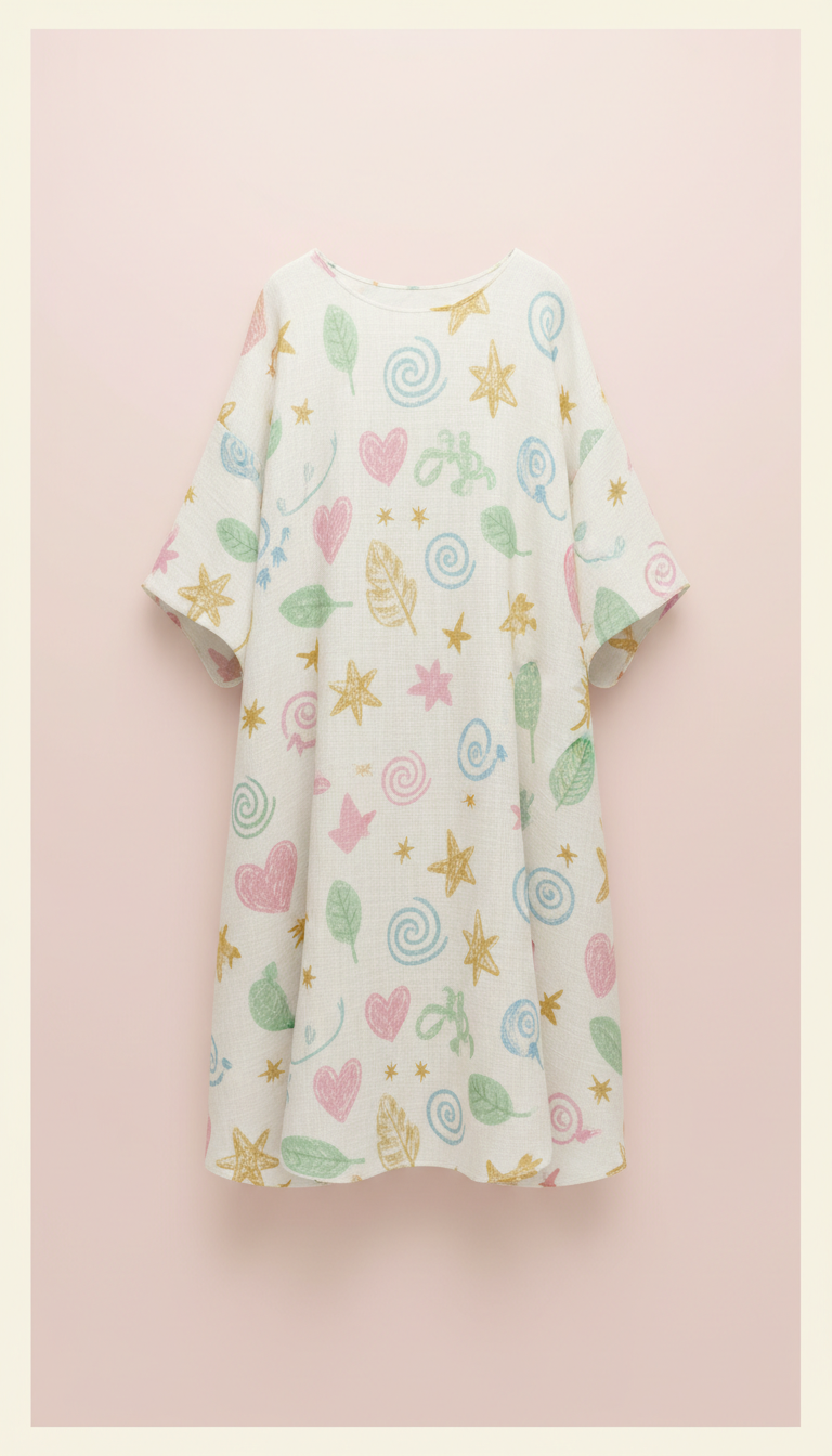 Vestido blanco crema con iconos ilustrados a mano